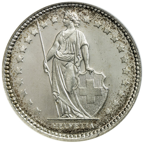 World Coins - Europe，SWITZERLAND: AR franc, 1928-B, KM-24, a beautiful cameo specimen, though not no