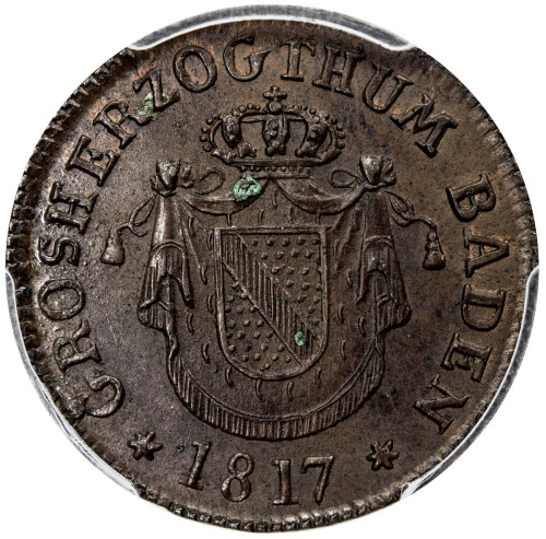 World Coins - Europe，BADEN: Karl Ludwig Friedrich, 1811-1818, AE ½ kruezer, 1817, KM-164, PCGS grade