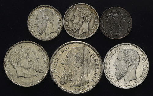 BELGIUM ベ儿ギー Centime 1907/50Centimes 1866,86/Franc 1880,87/2Francs 1909 返品不可 要下见 Sold as is No retur