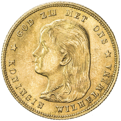 World Coins - Europe，NETHERLANDS: Wilhelmina I, 1890-1948, AV 10 gulden, 1897, KM-118, AGW 0.1947 oz