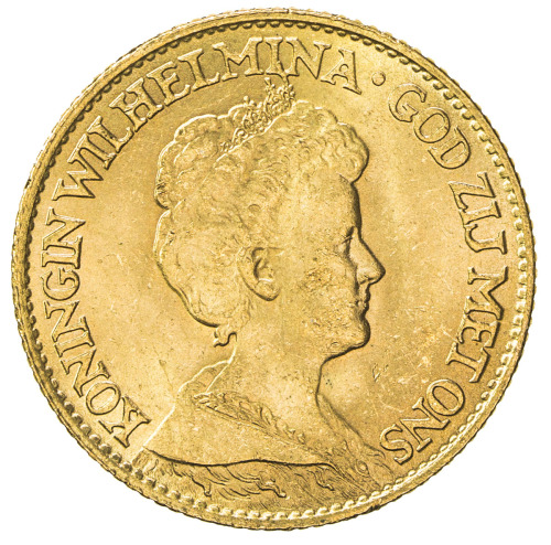 World Coins - Europe，NETHERLANDS: Wilhelmina I, 1890-1948, AV 10 gulden, 1917, KM-149, AGW 0.1947 oz