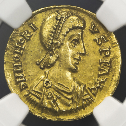 Roman Empire ローマ帝国 AV Solidus Honorius ホノリウス AD393~423 NGC-AU“Strike4/5 Surface3/5 edge marks“ 縁に小伤あ