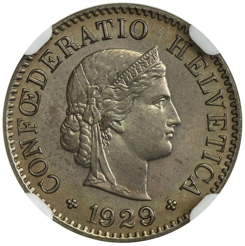 World Coins - Europe，SWITZERLAND: 5 rappen, 1929-B, KM-26, beautifully toned, NGC graded Specimen 67