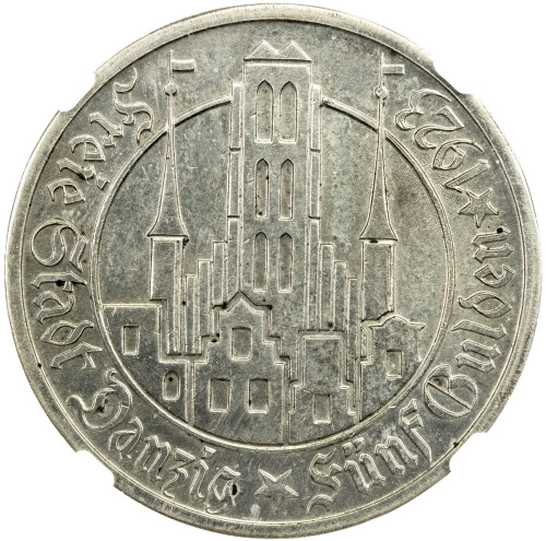 World Coins - Europe，DANZIG: AR 5 gulden, 1923, KM-147, Marienkirche, surface details, NGC graded AU