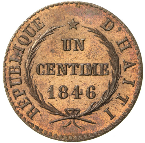 World Coins - The Americas，HAITI: Republic, AE centime, 1846/AN 43, KM-24, fasces divides value, sma