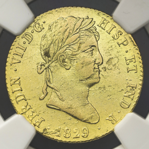 SPAIN スペイン 2Escudos 1829JB NGC-AU58 平金破损 EF+