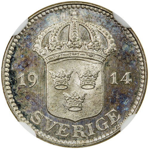 World Coins - Europe，SWEDEN: Gustaf V, 1907-1950, AR 25 öre, 1914, KM-785, initial W, NGC graded Pro