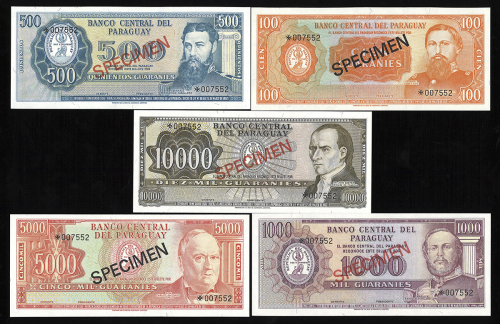 PARAGUAY パラグアイ Specimen Set 1952  100~1000Guaranies  返品不可 要下见 Sold as is No returns UNC