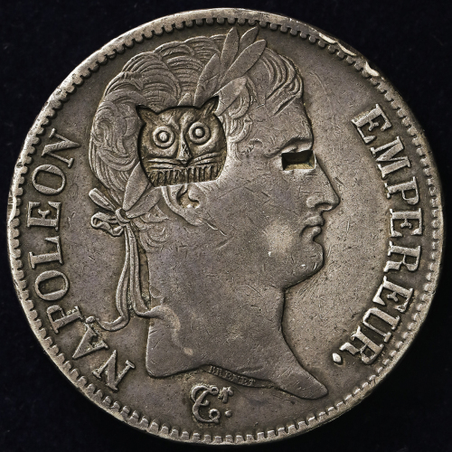 FRANCE Napoleon I ナポレオン1世(1802~15) 5Francs 1812T   フクロウの加刻印,テストマークあり  VF