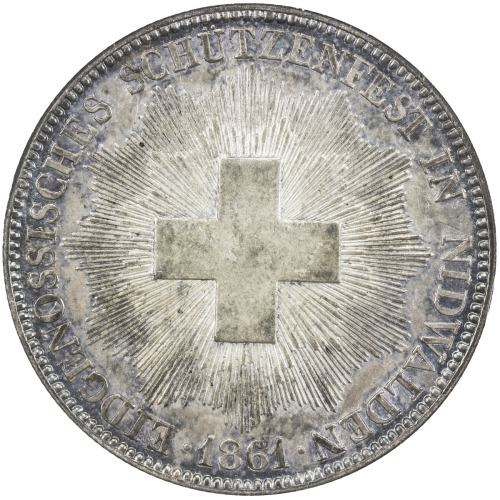World Coins - Europe，SWITZERLAND: AR 5 francs, 1861, Bruce-XS6, Federal Shooting Festival in Nidwald