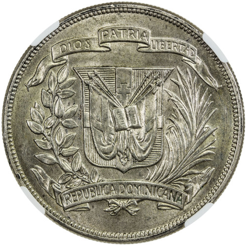 World Coins - The Americas，DOMINICAN REPUBLIC: Republic, AR peso, 1939, KM-22, NGC graded MS61. WING