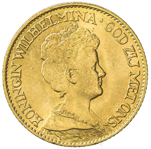 World Coins - Europe，NETHERLANDS: Wilhelmina I, 1890-1948, AV 10 gulden, 1917, KM-149, AGW 0.1947 oz