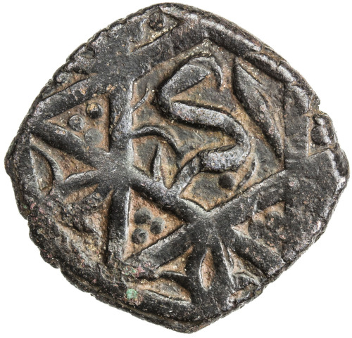 India - Mughal Empire，MUGHAL: Akbar I, 1556-1605, AE 1/8 dam (2.25g), Bhakhar, ND, KM-—, name Akbar 