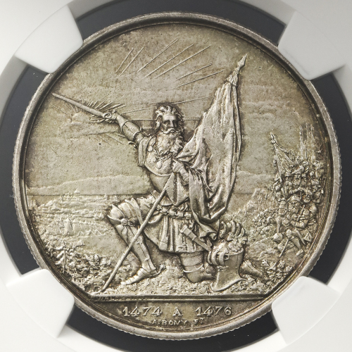 SWITZERLAND Shooting Festival 射击节 5Francs 1874 NGC-UNC Details“Surface Hairlines“ 洗浄 AU/UNC