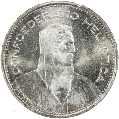 World Coins - Europe，SWITZERLAND: AR 5 francs, 1940-B, KM-40, William Tell, just a hint of toning, P