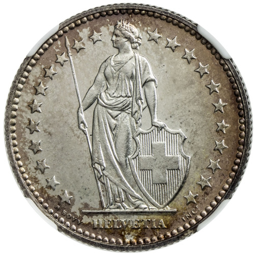 World Coins - Europe，SWITZERLAND: AR 2 francs, 1928-B, KM-21, light peripheral tone, NGC graded Spec