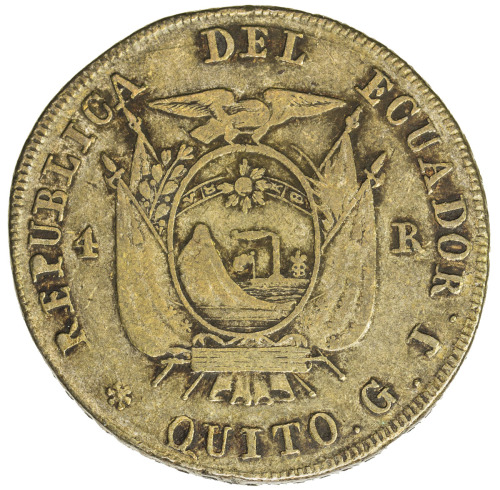 World Coins - The Americas，ECUADOR: AR 4 reales, 1855, KM-37, assayer GJ, two-year type, nice origin