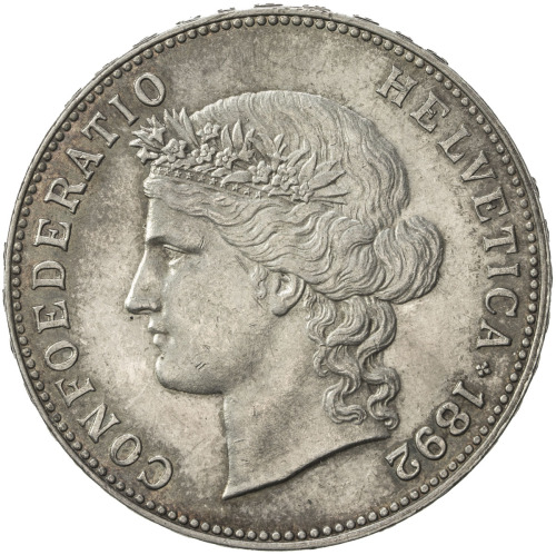 World Coins - Europe，SWITZERLAND: AR 5 francs, 1892-B, KM-34, attractive light tone, AU.