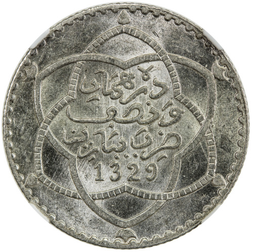 World Coins - Africa，MOROCCO: Abd al-Hafiz, 1908-1912, AR 2½ dirhams, AH1329-Pa, Y-23, NGC graded MS