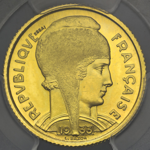 FRANCE 3rd Rep 第三共和政(1870~1940) Essai 5Frances  in Gold 1933 PCGS-SP64 Proof UNC+