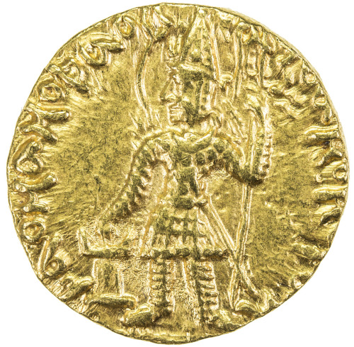 India - Ancient，KUSHAN: Vasu Deva I, ca. 191-230+, AV dinar (7.98g), G-512, Mitch-3386var., king sta