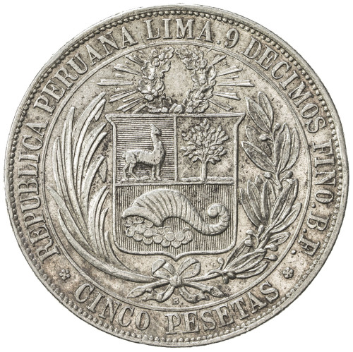 World Coins - The Americas，PERU: AR 5 pesetas, Lima, 1880, KM-201.2, assayer BF, B below wreath, fol