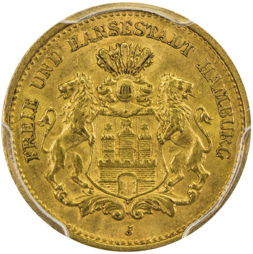 World Coins - Europe，HAMBURG: AV 5 mark, 1877-J, KM-605, J-208, PCGS graded MS63.