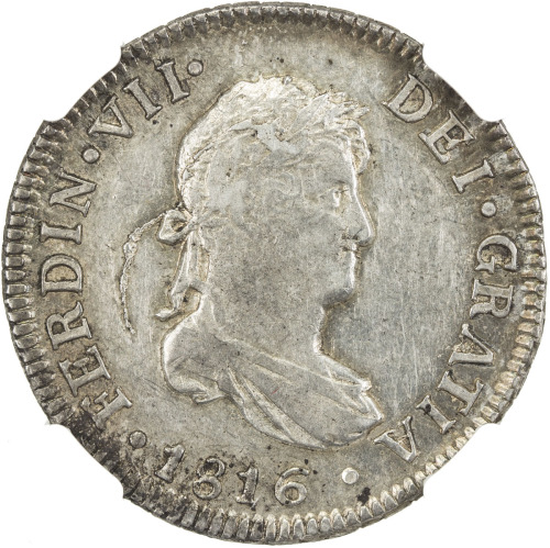 World Coins - The Americas，CHILE: Fernando VII, 1808-1817, AR 2 reales, 1816-So, KM-79, NGC graded A