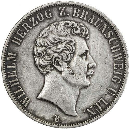 World Coins - Europe，BRUNSWICK-WOLFENBÜTTEL: Wilhelm, 1831-1884, AR 2 thaler (37.05g), 1856-B, KM-11