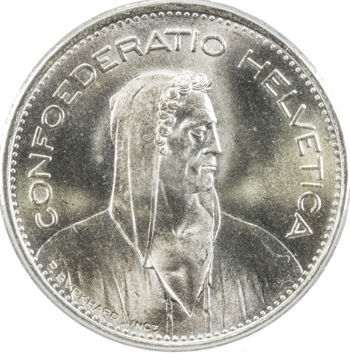 World Coins - Europe，SWITZERLAND: AR 5 francs, 1948-B, KM-40, William Tell, just a hint of toning, P