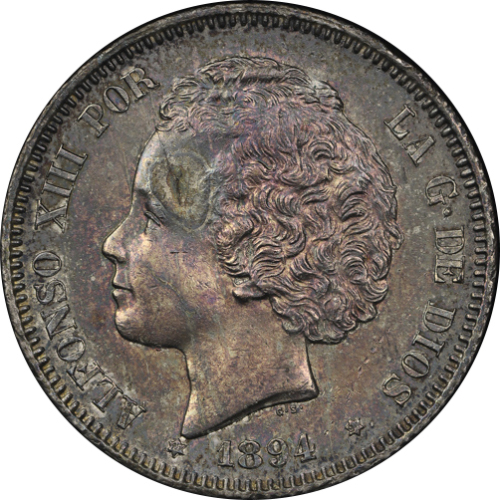 SPAIN スペイン 2Pesetas 1894 トーン EF