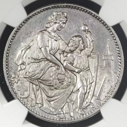 SWITZERLAND Shooting Festival 射击节 5Franks 1865 NGC-MS62 AU/UNC