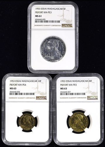 MADAGASCAR マダガスカ儿 Piefort Essai 5,10,20Francs 1953 NGC-MS63,63,61 AU~UNC