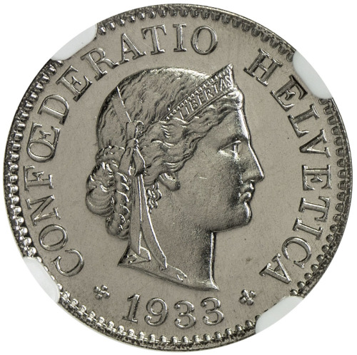 World Coins - Europe，SWITZERLAND: 5 rappen, 1933-B, KM-26b, fully lustrous with no toning, NGC grade