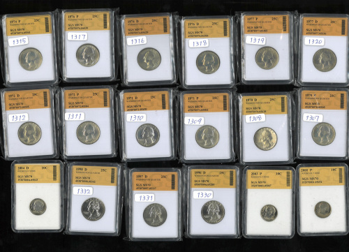 USA アメリカ合众国 25Cents 1970～74,76～79各PD,1990～98D KM-164a,204,A164aワシントン・クォーター(白铜)27枚、他に10Cent 2000～2004