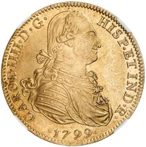 World Coins - The Americas，MEXICO: Carlos IV, 1788-1808, AV 8 escudos, 1799-Mo, KM-159, assayer FM, 