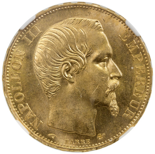 World Coins - Europe，FRANCE: Napoleon III, 1852-1870, AV 20 francs, 1857-A, KM-781.1, brilliant lust