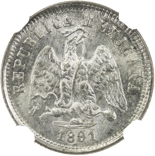 World Coins - The Americas，MEXICO: Republic, AR 10 centavos, 1891/89-Pi, KM-403.7, assayer R, NGC gr