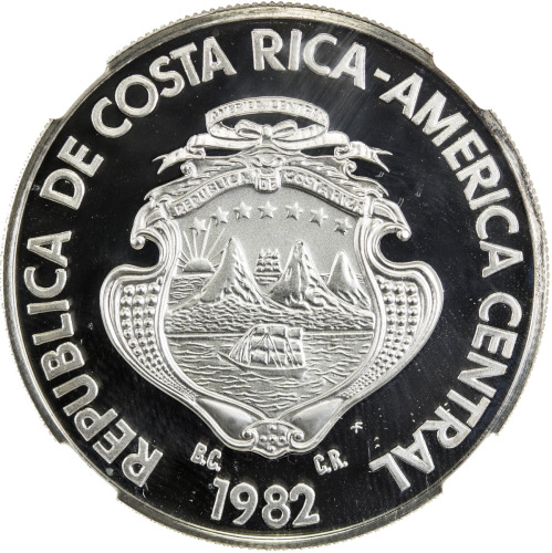 World Coins - The Americas，COSTA RICA: AR 250 colones, 1982, KM-212, country arms , head of a jaguar
