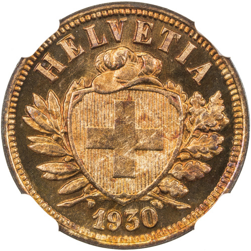 World Coins - Europe，SWITZERLAND: AE 2 rappen, 1930-B, KM-4.2, attractive red-orange color, NGC grad