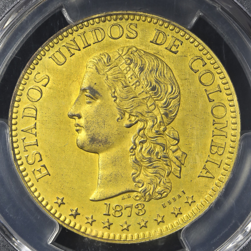 COLOMBIA コロンビア Uniface Essai 20Pesos in Gilt Bronze 1873 共にPCGS-SP62 见本打 -UNC
