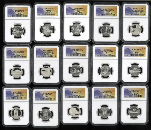 USA アメリカ合众国 25Cents 2010各PDS 5种 ビューティフ儿・クォーター KM-469~473 Lot of 15pcs 计15种组  NGC-MS67(×10) NGC-PF69(