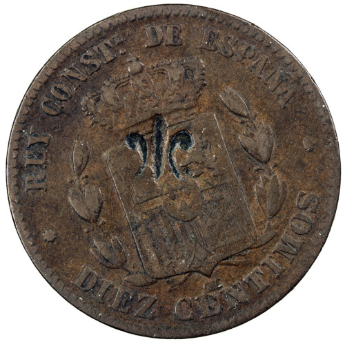 World Coins - The Americas，PUERTO RICO: AE 10 centimos, ND [1884], KM-2, fleur-de-lis countermarked 