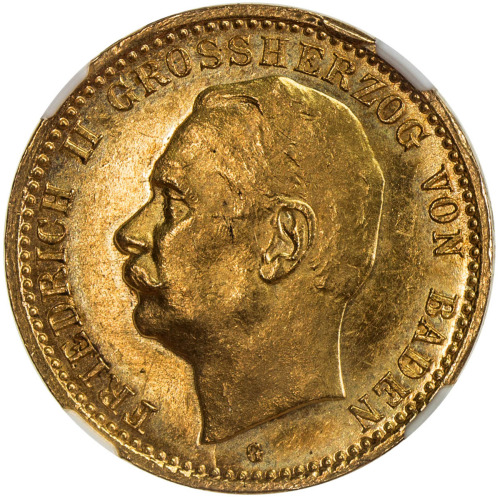 World Coins - Europe，BADEN: Friedrich II, 1907-1918, AV 10 mark, 1913-G, KM-282, J-191, obverse rim 