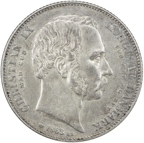 World Coins - Europe，DENMARK: Christian IX, 1863-1906, AR 2 rigsdaler, 1863 FK,RH, KM-770, commemora