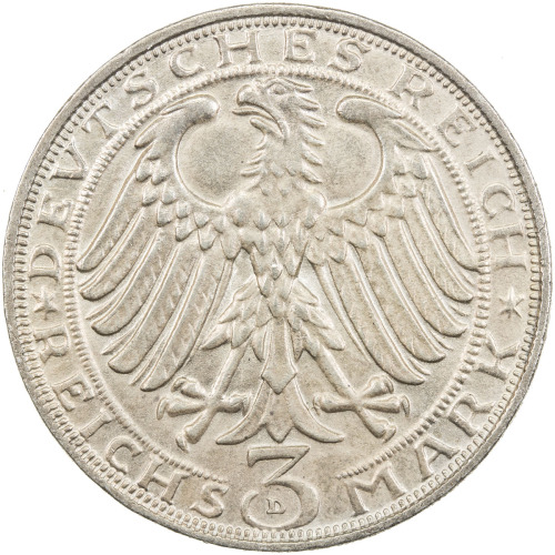 World Coins - Europe，GERMANY: AR 3 mark, 1928-D, KM-58, J-332, 400th Anniversary of the Death of Alb