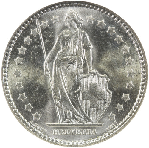World Coins - Europe，SWITZERLAND: AR franc, 1909-B, KM-24, bright white luster with only a hint of t