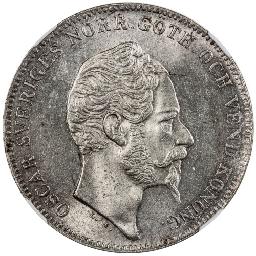 World Coins - Europe，SWEDEN: Oscar I, 1844-1859, AR riksdaler species, 1856, KM-479, Cr-197a, initia