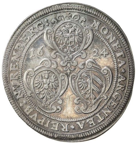 World Coins - Europe，NUREMBERG: AR thaler (29.11g), 1624, KM-71, Dav-5636/37, three shields , Imperi
