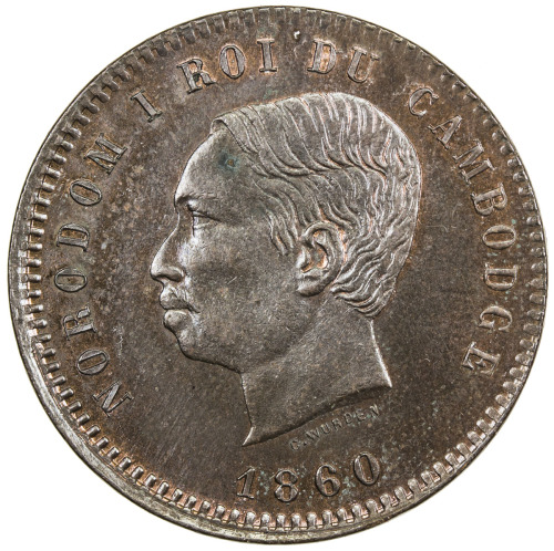 World Coins - Asia & Middle-East，CAMBODIA: Norodom I, 1859-1904, AE 10 centimes, 1860, Bruce-XM3, Me